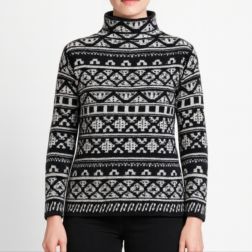 J. Jill Womens Black White Jacquard Fair Isles High Neck Sweater Size Xs  Nordic